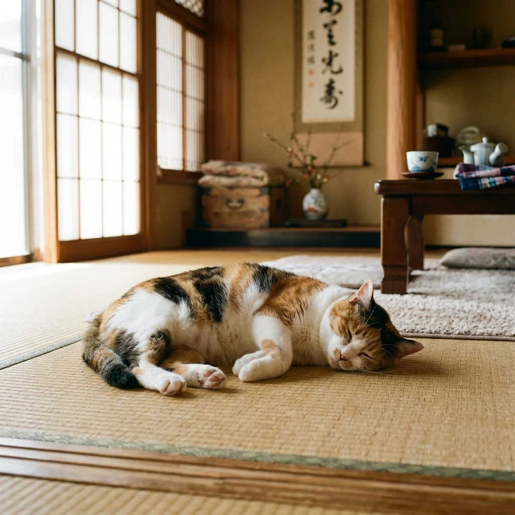 畳の上でくつろぐ三毛猫