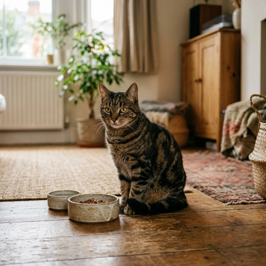 食器のそばにいるキジトラ猫