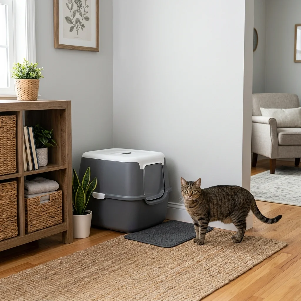 清潔な猫トイレのそばにいる猫